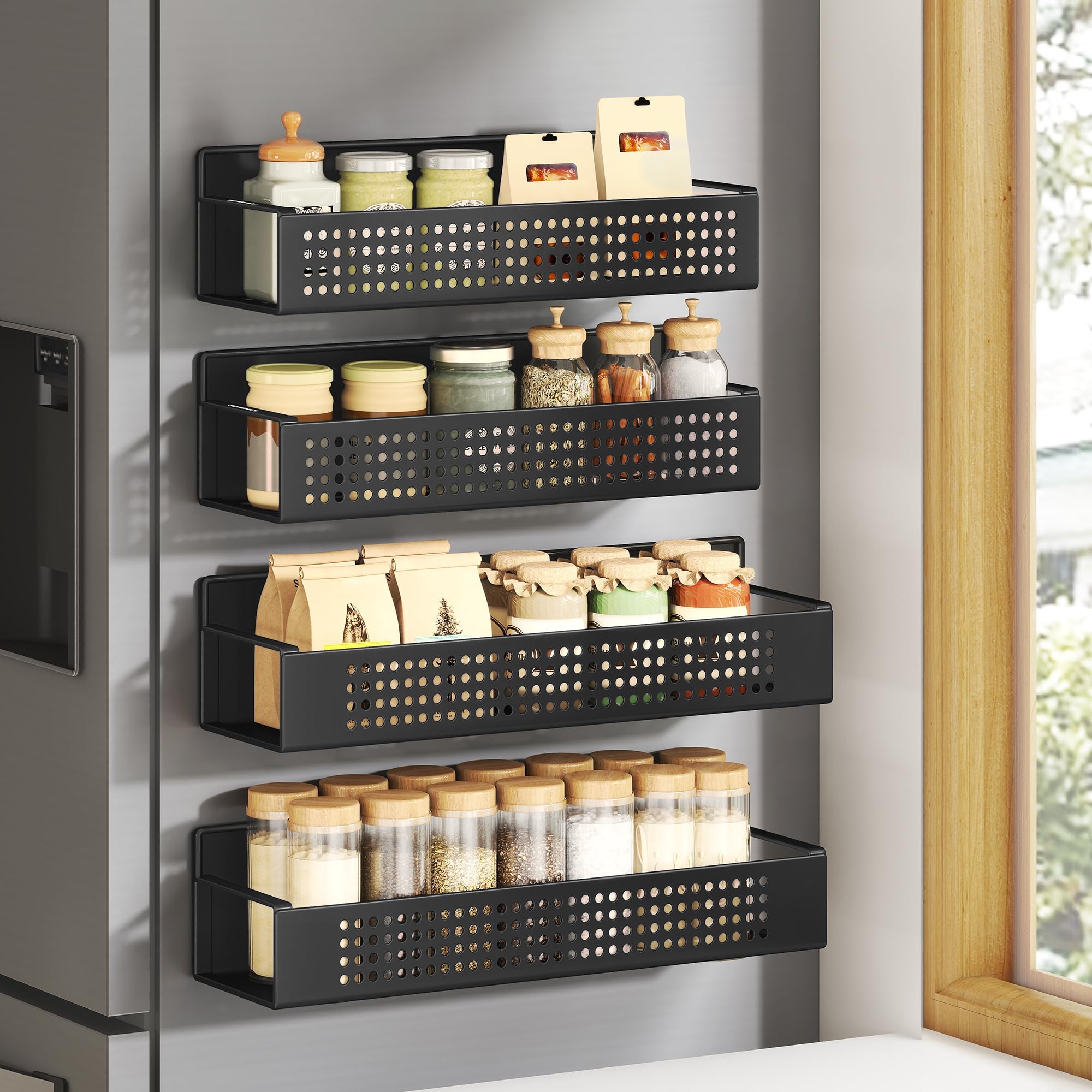SongMICS strong magnetic spice rack on fridge with large shelf for easy spice reach