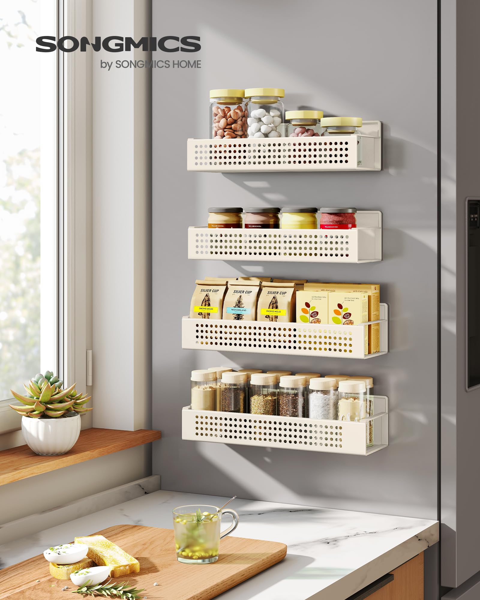 SONGMICS small shelf on fridge provides compact spice storage without clutter.