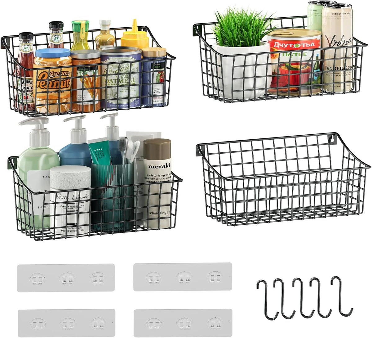 Sonyabecca four-pack hanging wall baskets showing versatile kitchen storage