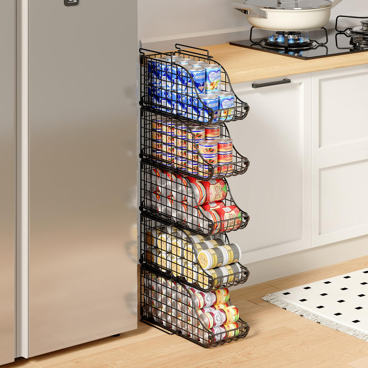 Sonyabecca stackable can organizer on counter keeping cans accessible.
