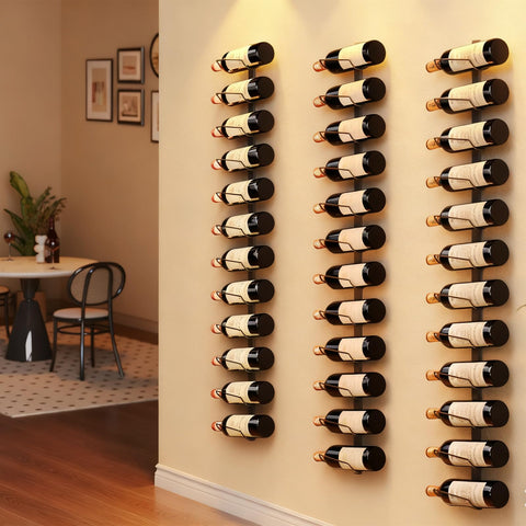 Sonyabecca wine display tilts bottles slightly to help preservation.