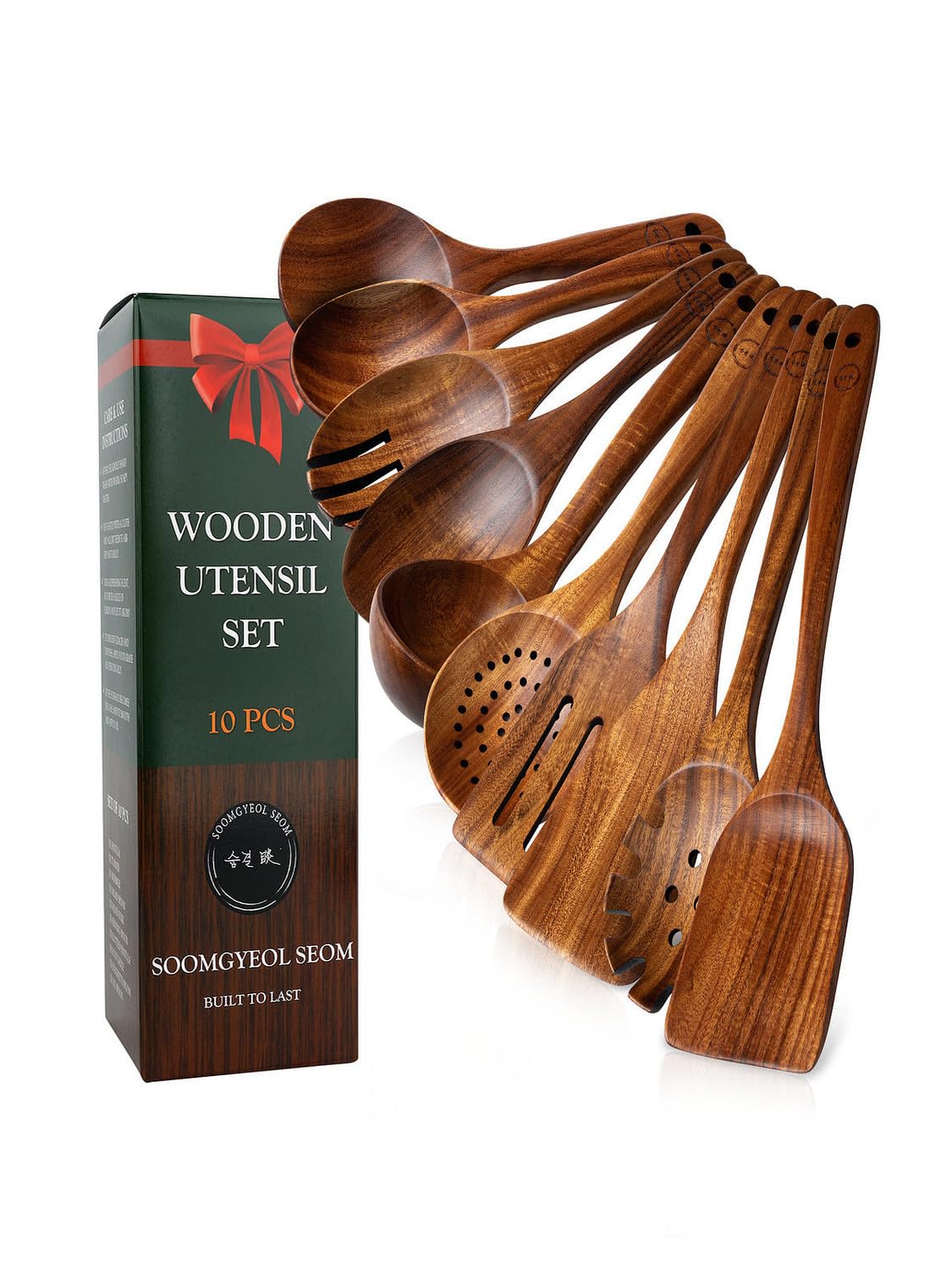 SOOMGYEOL SEOM teak utensil set with 10 pieces for durable, non-stick cooking