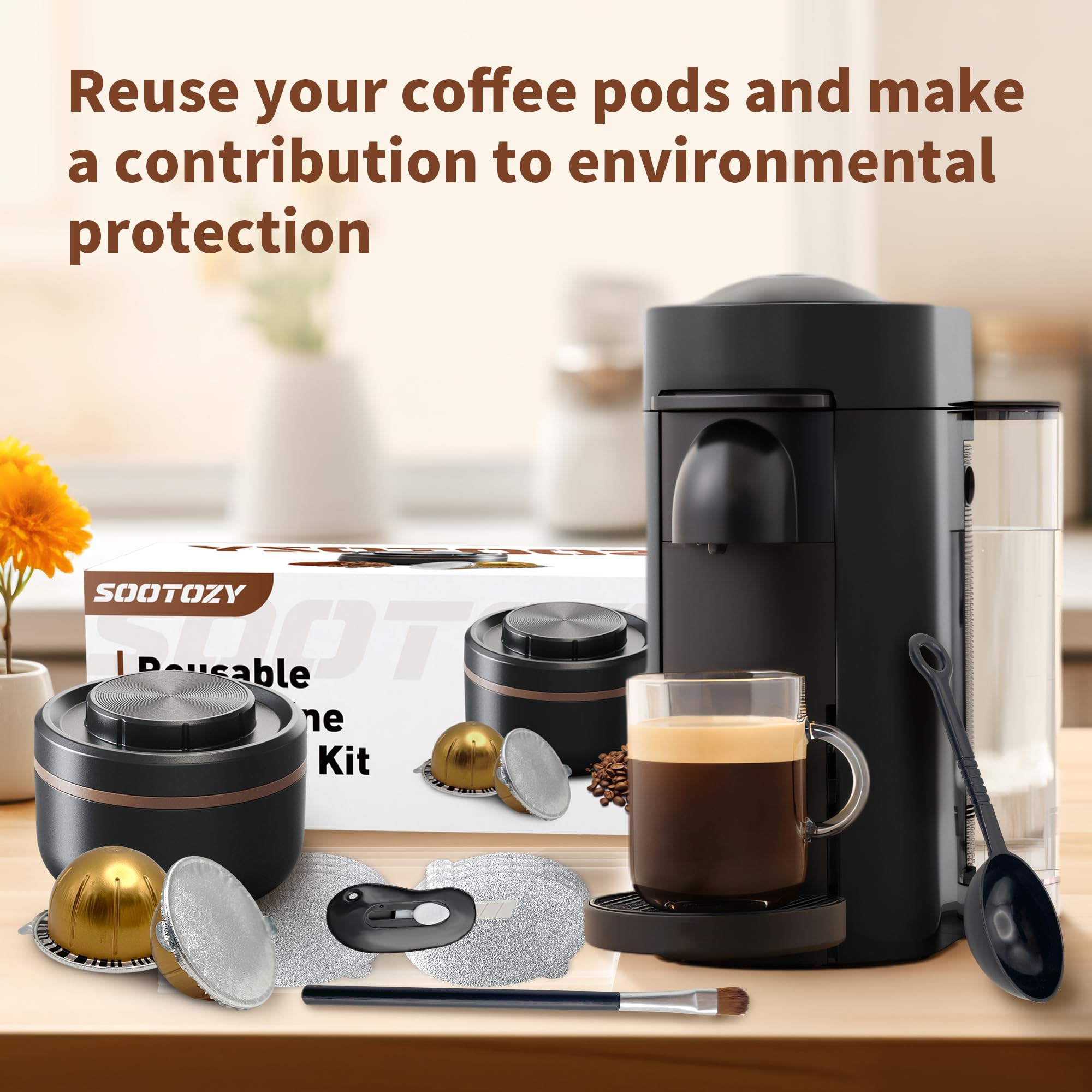 Sootozy cleaning brush and scoop facilitate simple capsule prep.