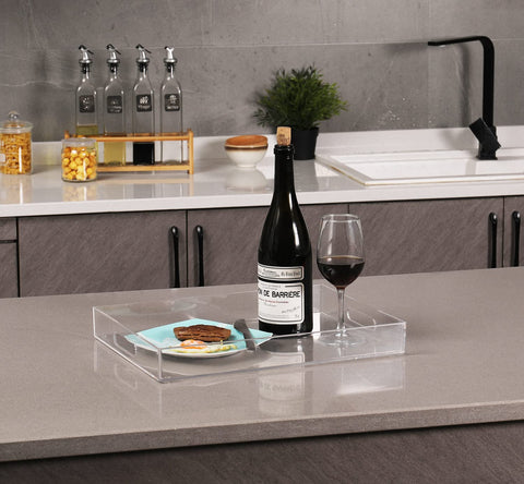 Sooyee clear acrylic tray with handles for easy transport of drinks and snacks.