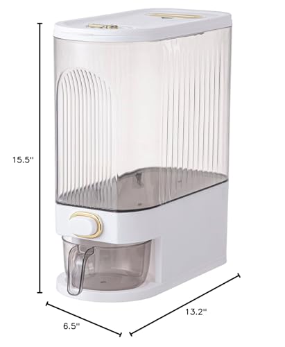 Sooyee Rice Dispenser dimensions illustration shows size and cabinet fit