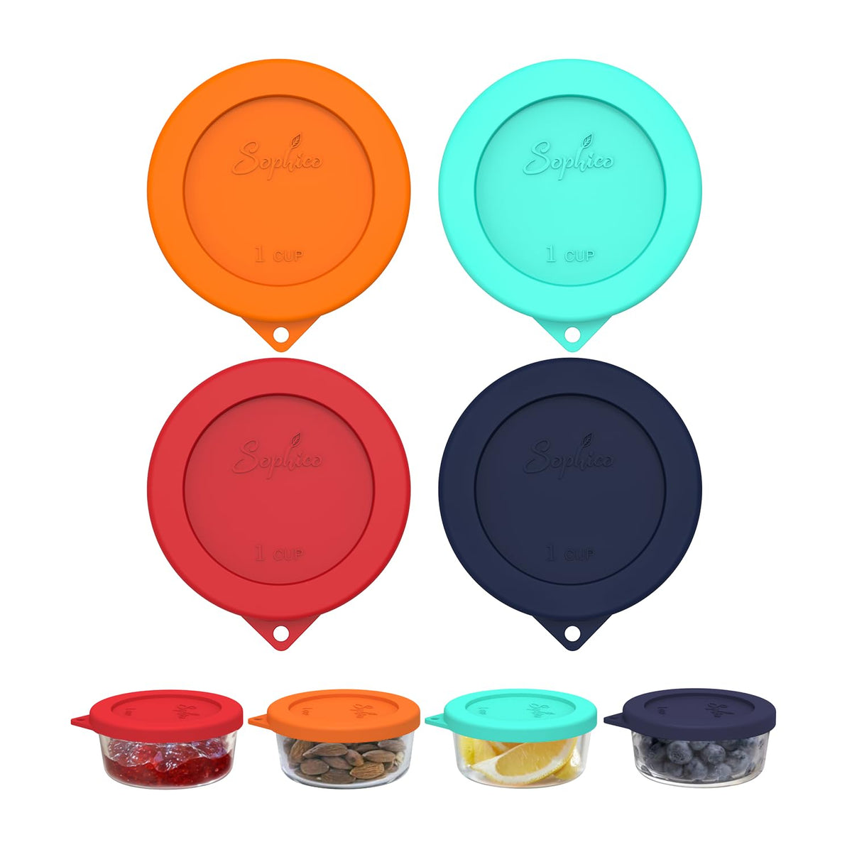 SOPHICO 1 cup round silicone lid sealing a glass bowl for airtight freshness