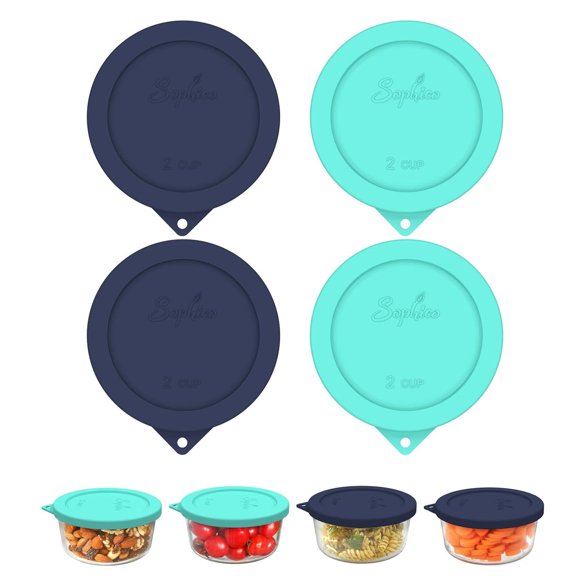 SOPHICO 2 cup silicone lid navy-mint on a glass bowl locks in freshness.