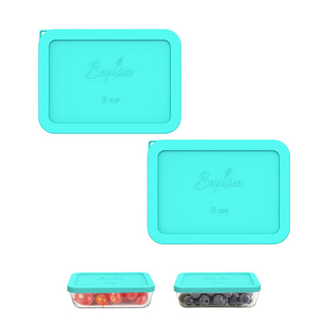 SOPHICO mint 3-cup rectangle silicone lid sealing leftovers in a bowl.