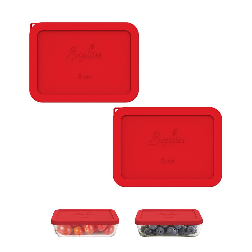 SOPHICO 3 Cup Rectangle Silicone Lid red pack-2 keeps leftovers fresh in glass bowls.