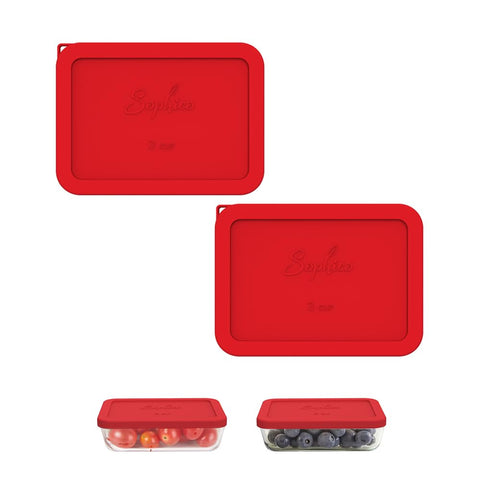 SOPHICO 3 Cup Rectangle Silicone Lid red pack-2 keeps leftovers fresh in glass bowls.