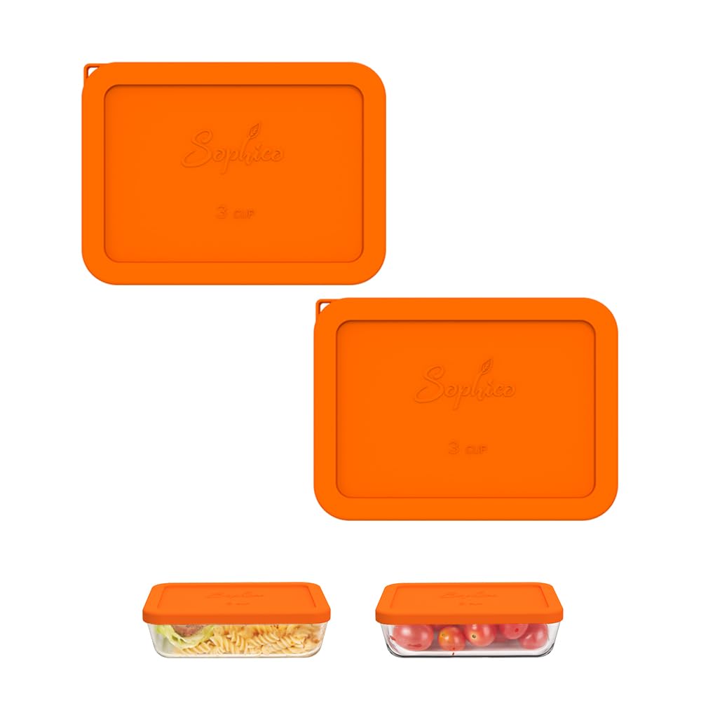 SOPHICO 3-cup rectangle silicone storage cover orange fits Pyrex 7210-PC bowls.