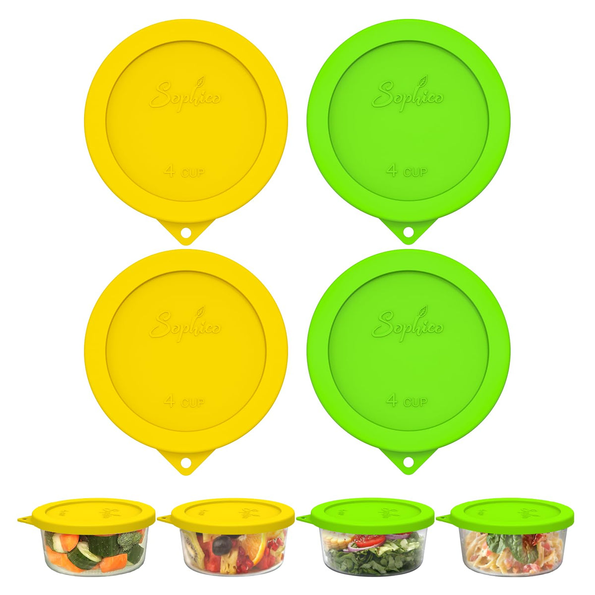 SOPHICO 4-cup round silicone lid seals freshness for glass bowls.