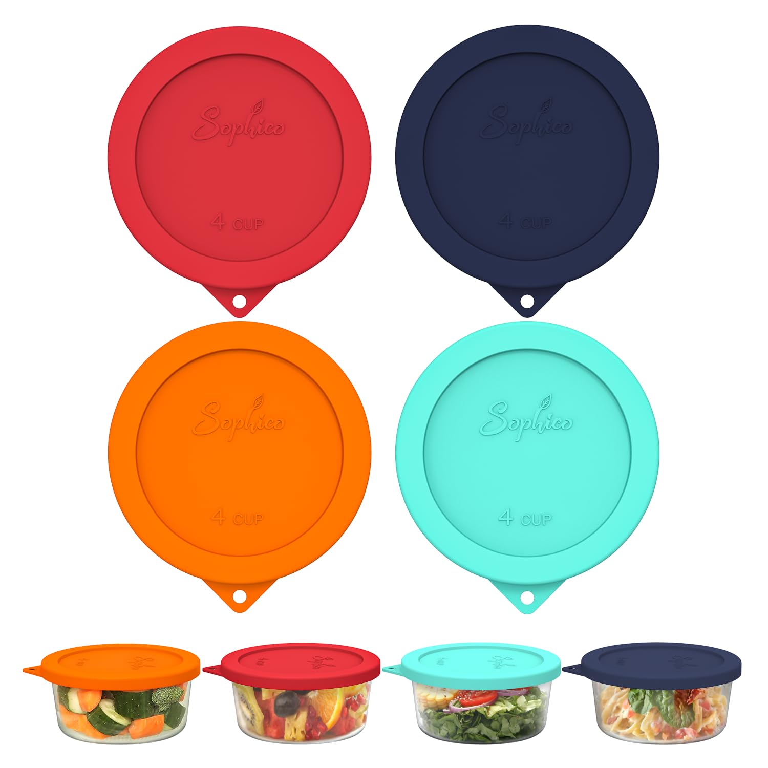 SOPHICO 4Cup round silicone lid on glass bowl forms airtight seal