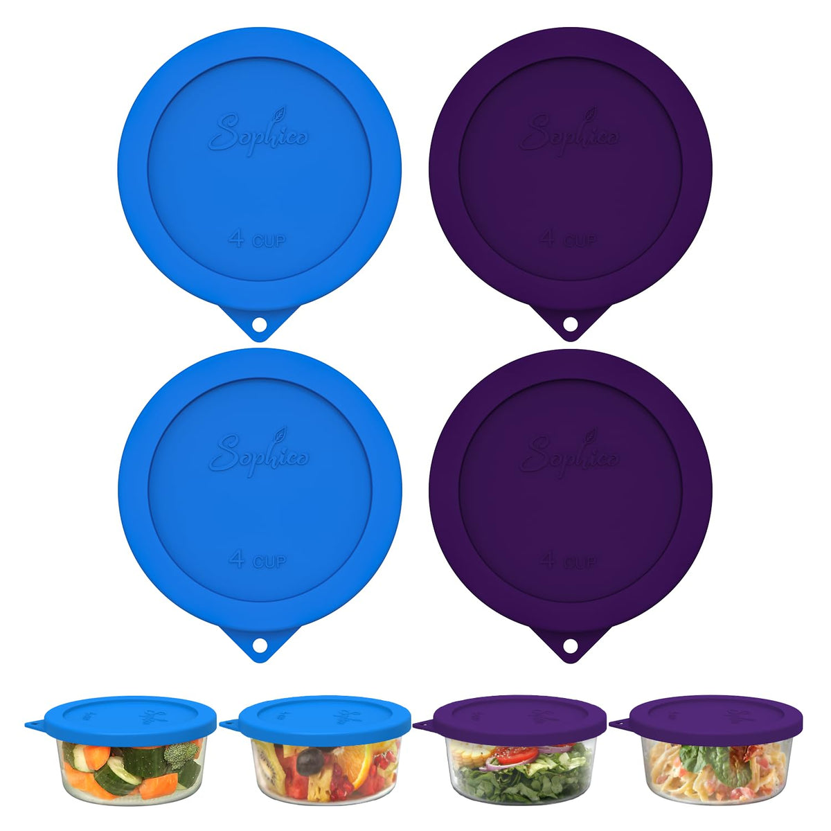 Sophico 4 Cup Round silicone lid in purple-blue seals freshness for glass bowls.