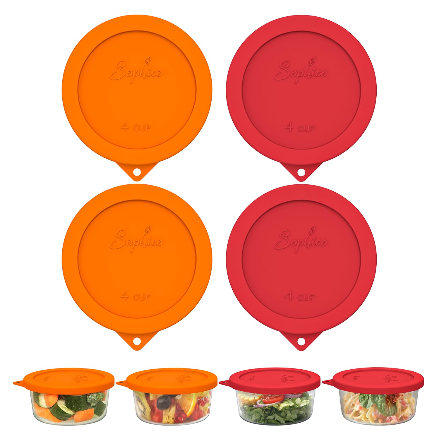 SOPHICO 4-cup round silicone lid with leak-proof seal for glass bowls.
