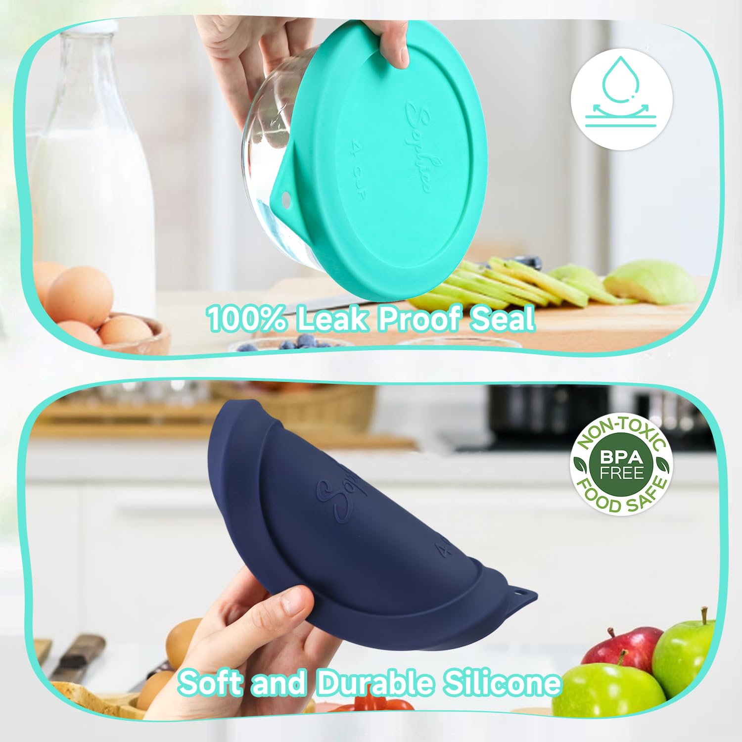 SOPHICO silicone lids are dishwasher safe and freezer safe for convenient cleanup