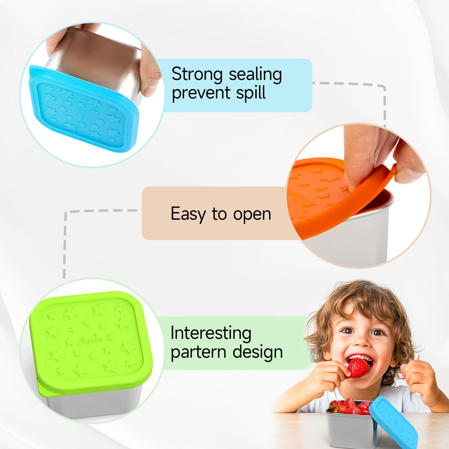 SOPHICO leak-proof silicone lid keeps snacks fresh and mess-free during travel.