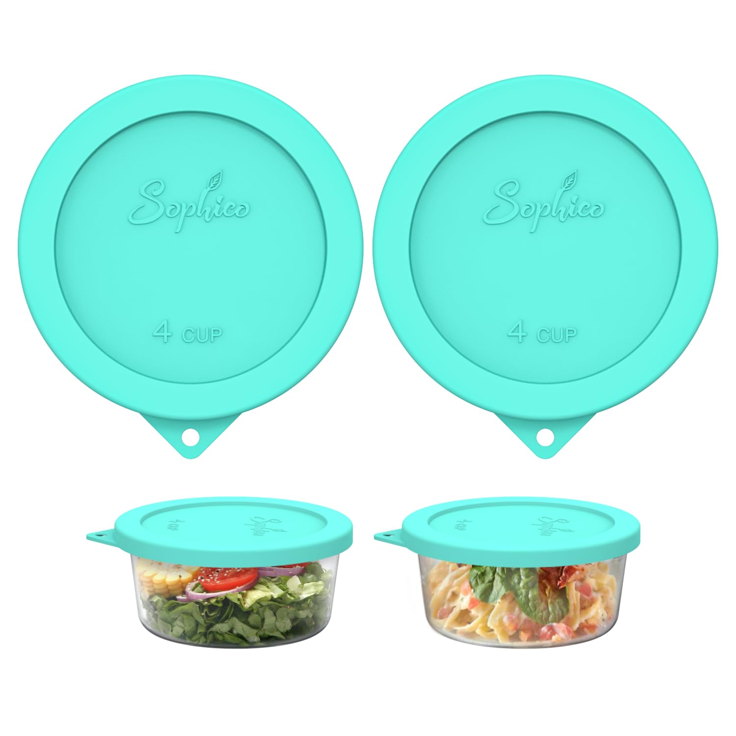 SOPHICO mint 4-cup silicone lids close-up with airtight seal for freshness