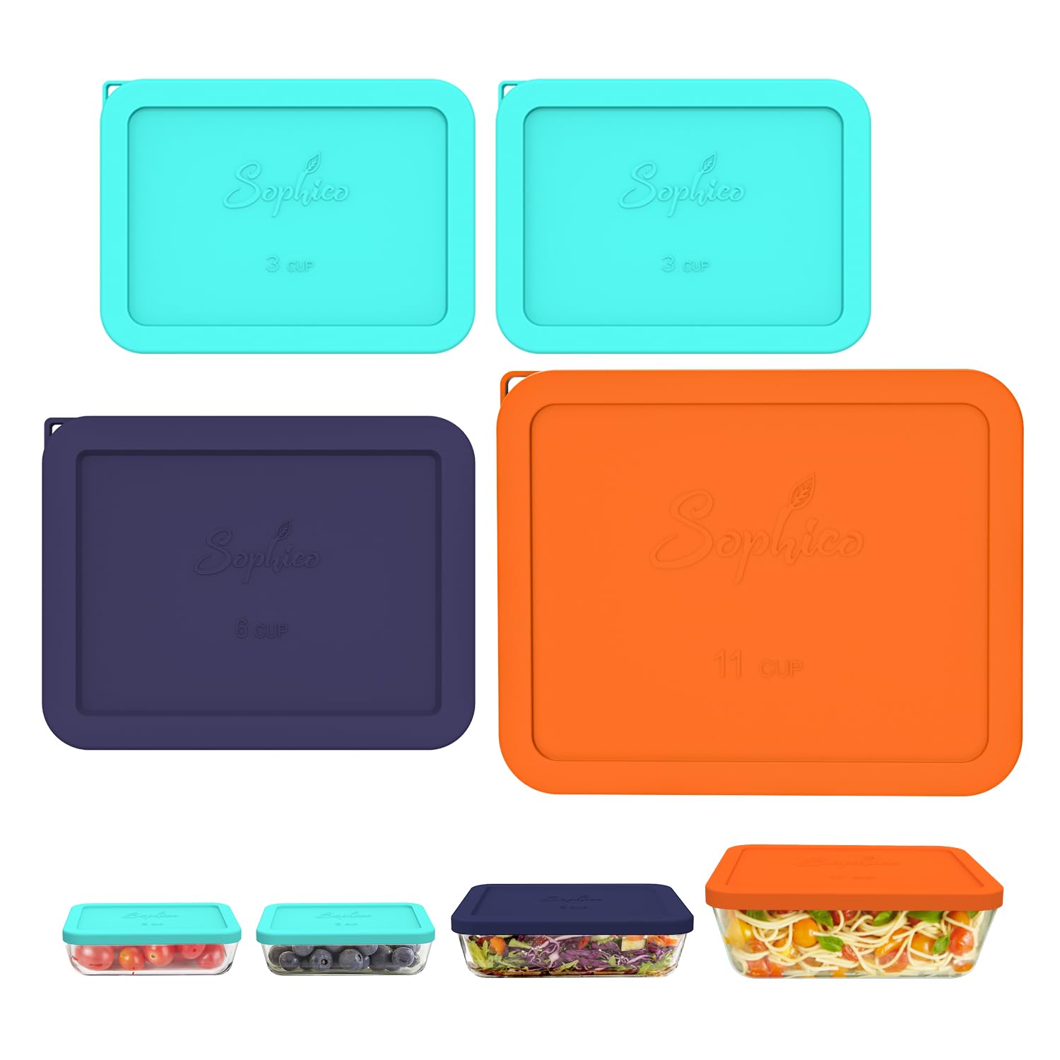 SOPHICO 3-cup rectangle silicone lid showing airtight seal on glass bowl