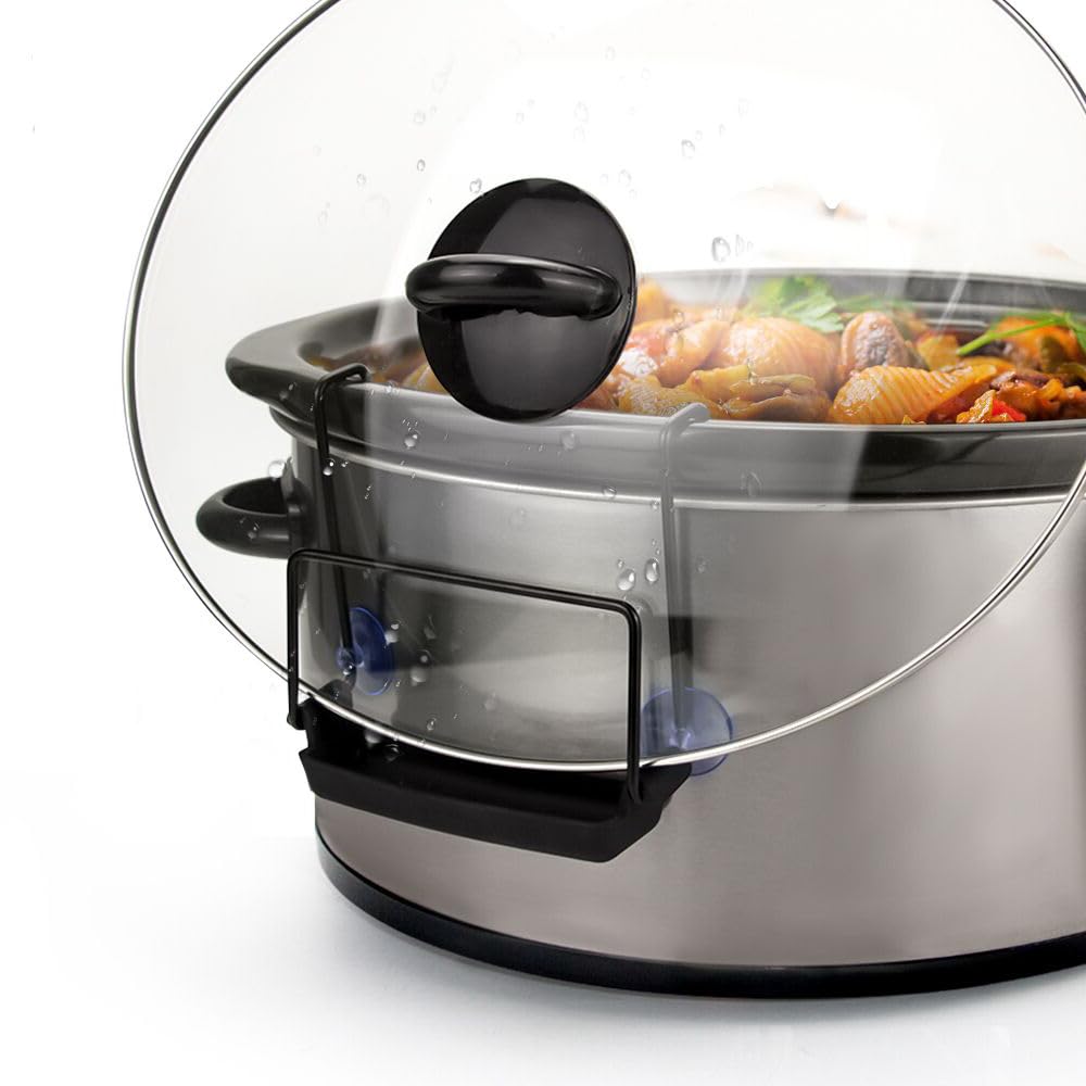 SOPHICO slow cooker lid holder in stainless steel keeps lids clean and hands free during cooking