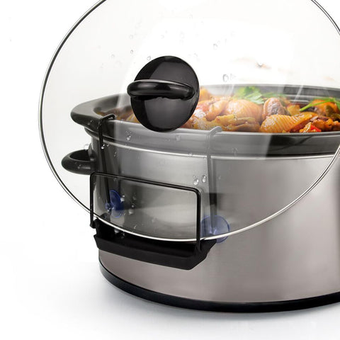 SOPHICO slow cooker lid holder in stainless steel keeps lids clean and hands free during cooking