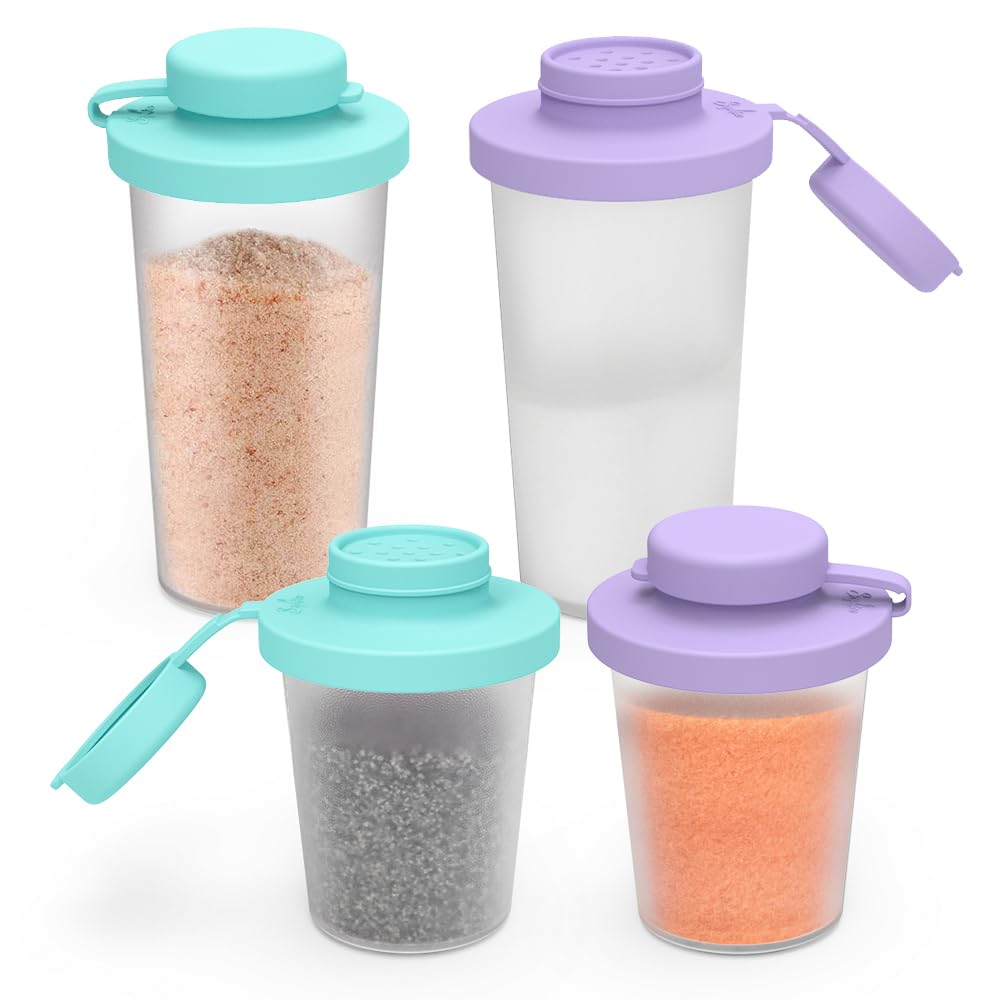 SOPHICO small salt and pepper shaker in purple and blue offers compact travel convenience.