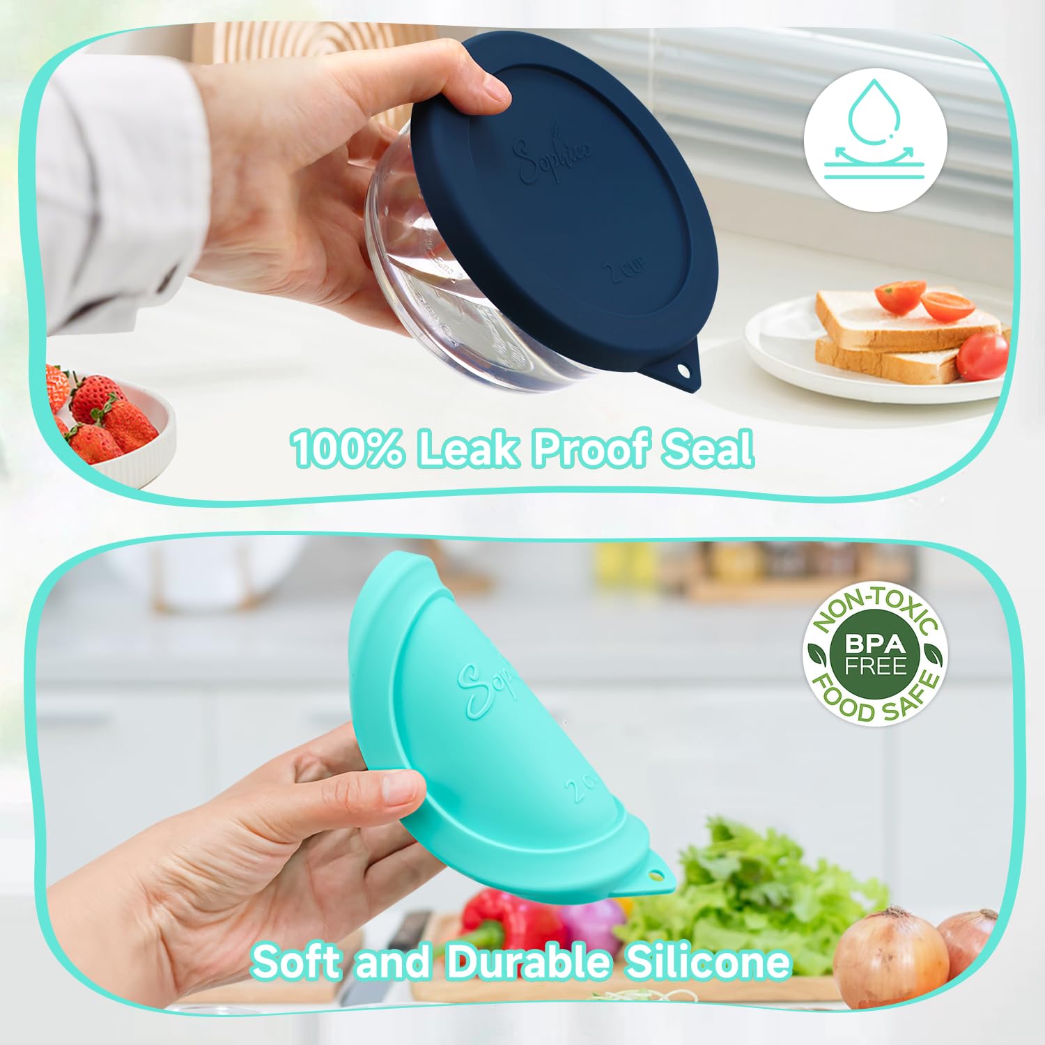 SOPHICO temperature-range silicone lid tolerates hot and cold contents.