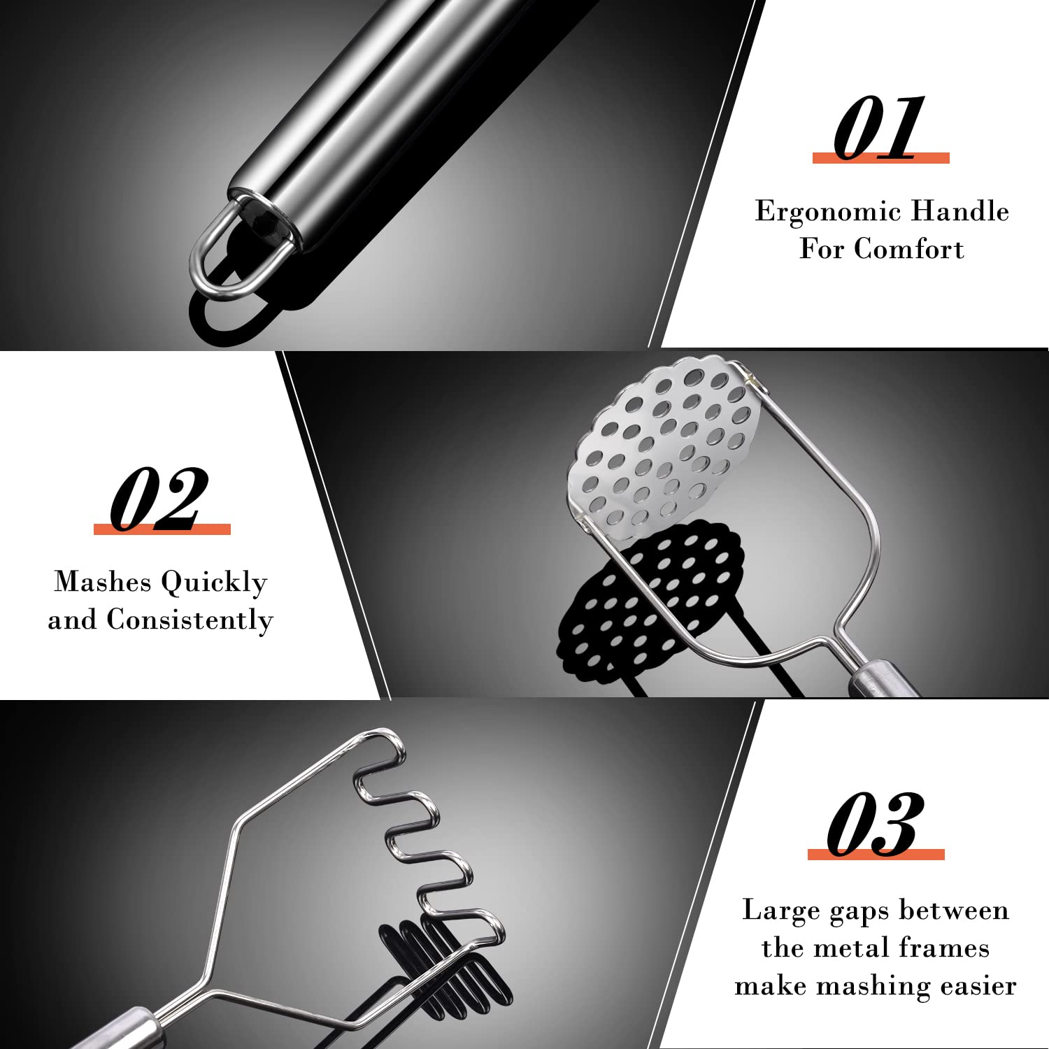 Sopito stainless steel mashers shown as dishwasher-safe durable kitchen tools