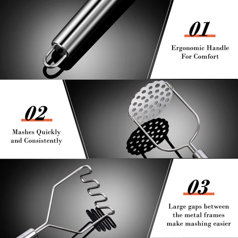 Sopito stainless steel mashers shown as dishwasher-safe durable kitchen tools