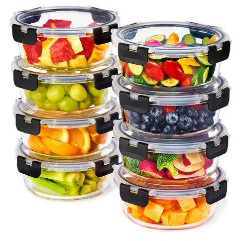 Sorbus glass meal prep containers set with eight round 32oz bowls and lids for organized weekly meals.