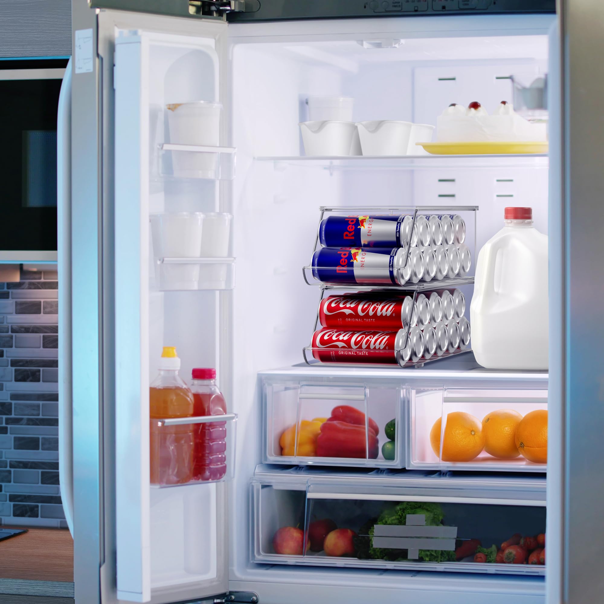 Sorbus Skinny Soda Can Organizer with lid on demonstrates vertical stacking capability.