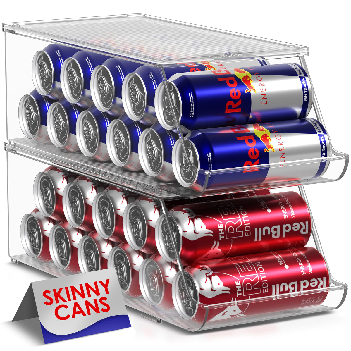 Sorbus Skinny Soda Can Organizer top view showing stacked cans for quick access.