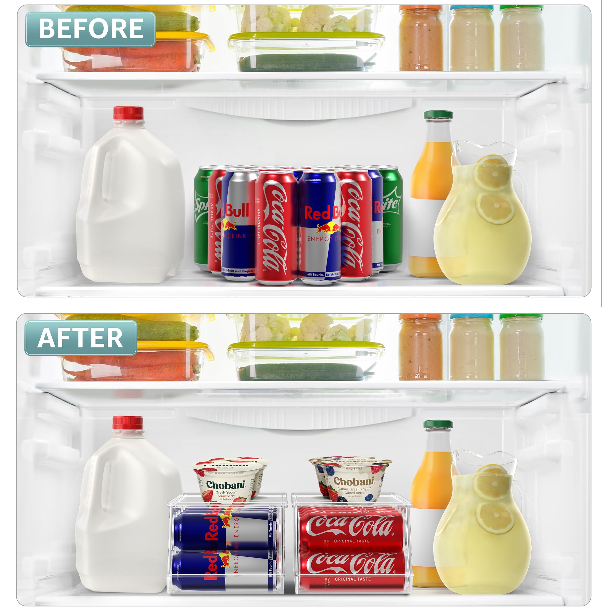 Sorbus Slim Can Organizer inside a compact fridge maximizing storage space.