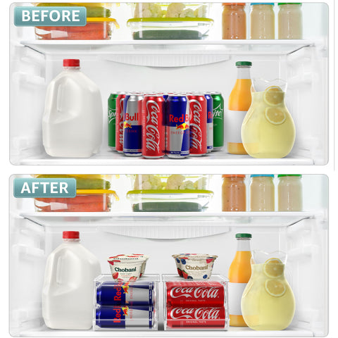 Sorbus Slim Can Organizer inside a compact fridge maximizing storage space.
