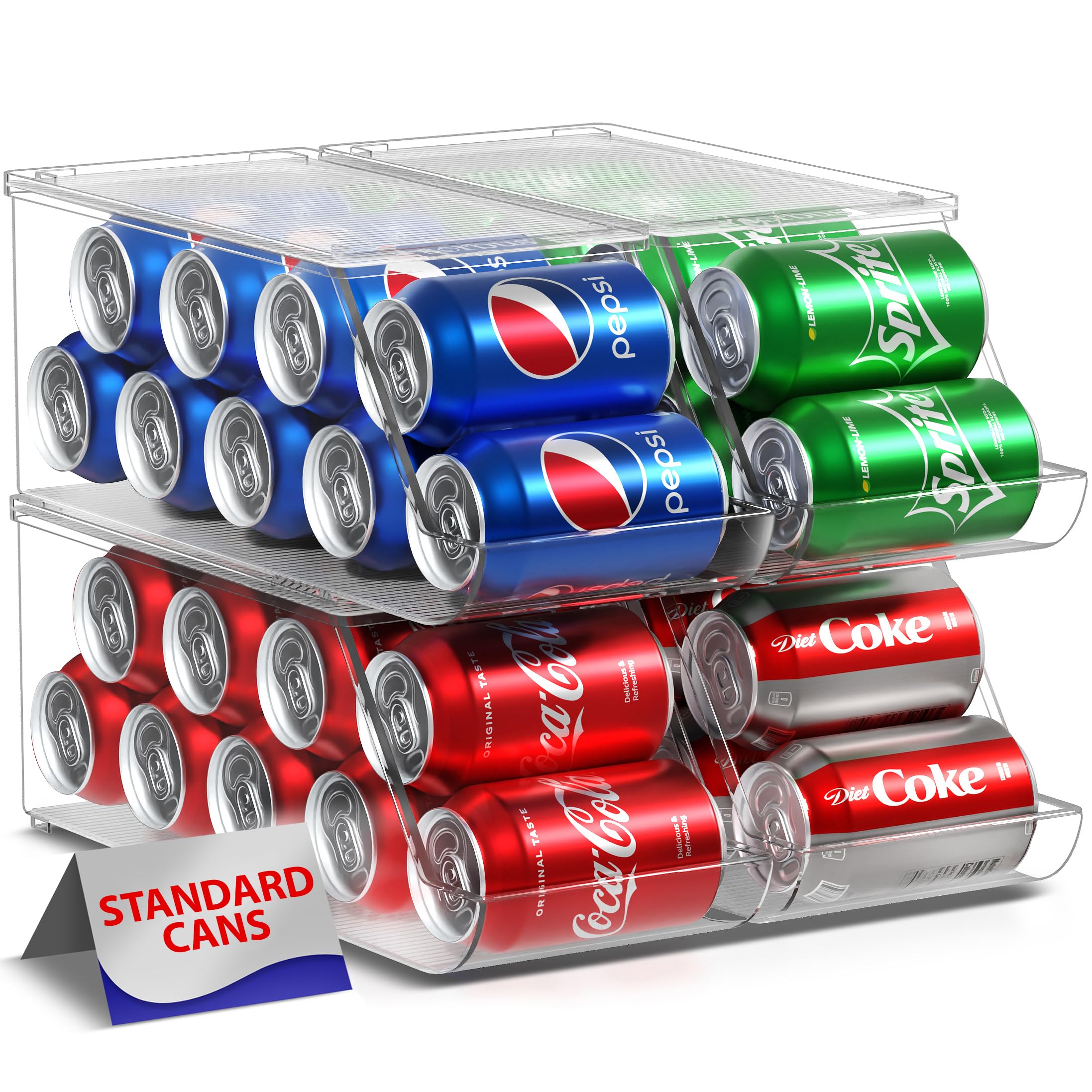Sorbus soda can organizer with clear lid stacks neatly in the fridge.