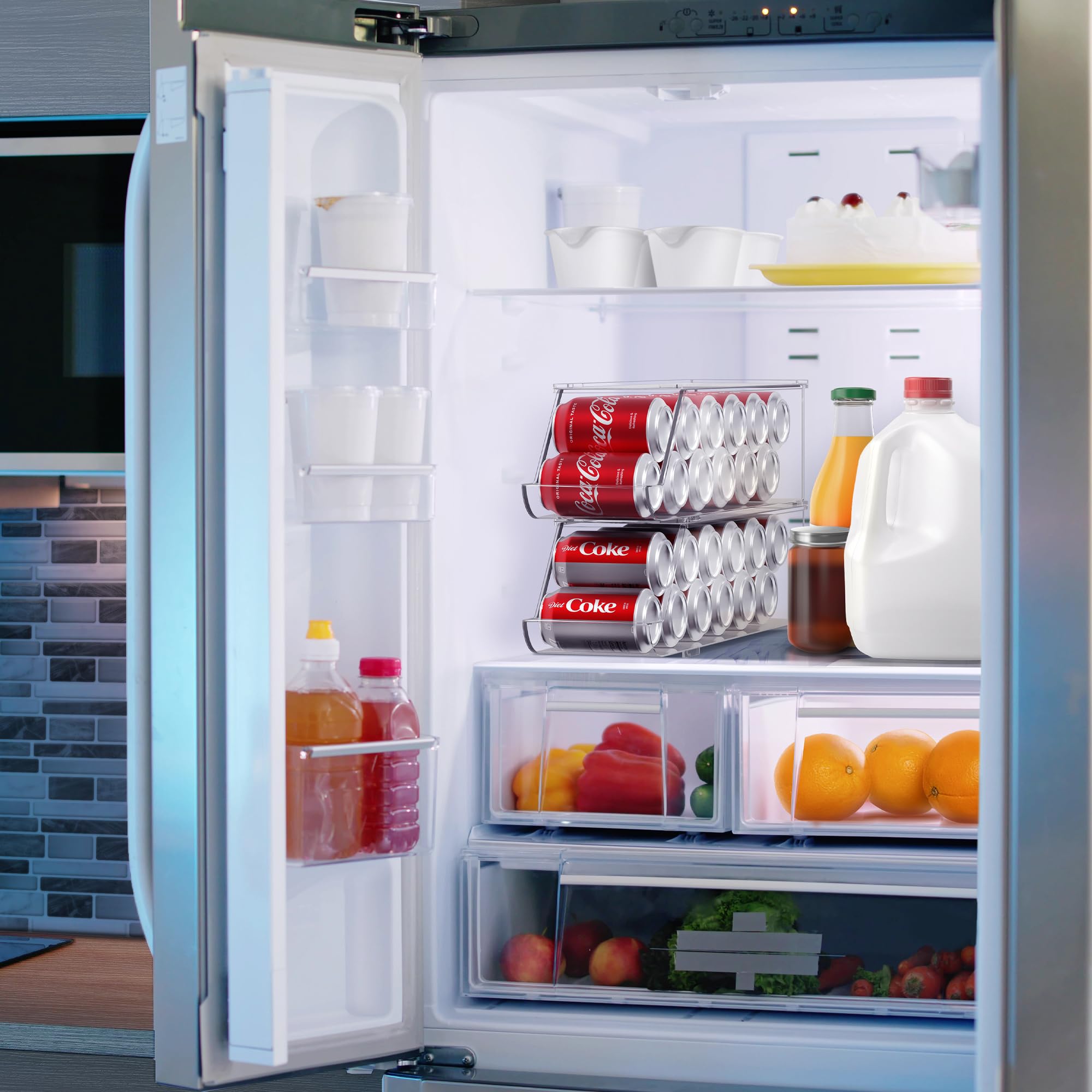 Sorbus fridge storage shows clear bins for quick beverage selection.
