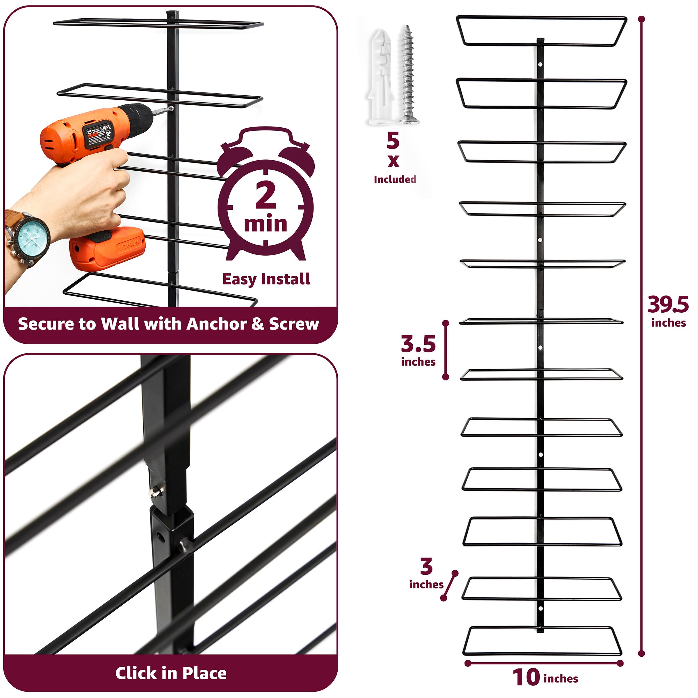 Sorbus wall mount wine rack side view highlighting compact vertical storage.