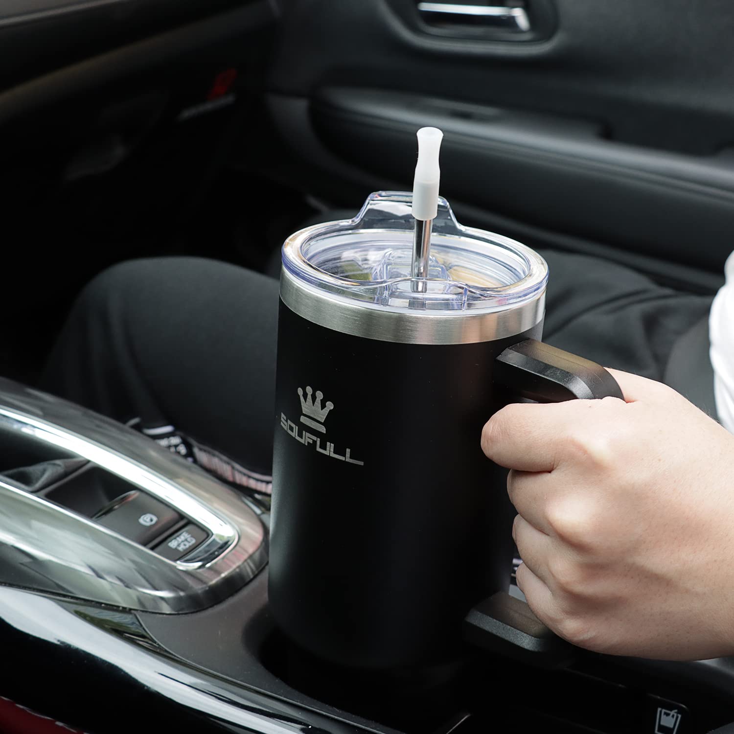 Soufull 40oz tumbler fits most car cup holders for travel.
