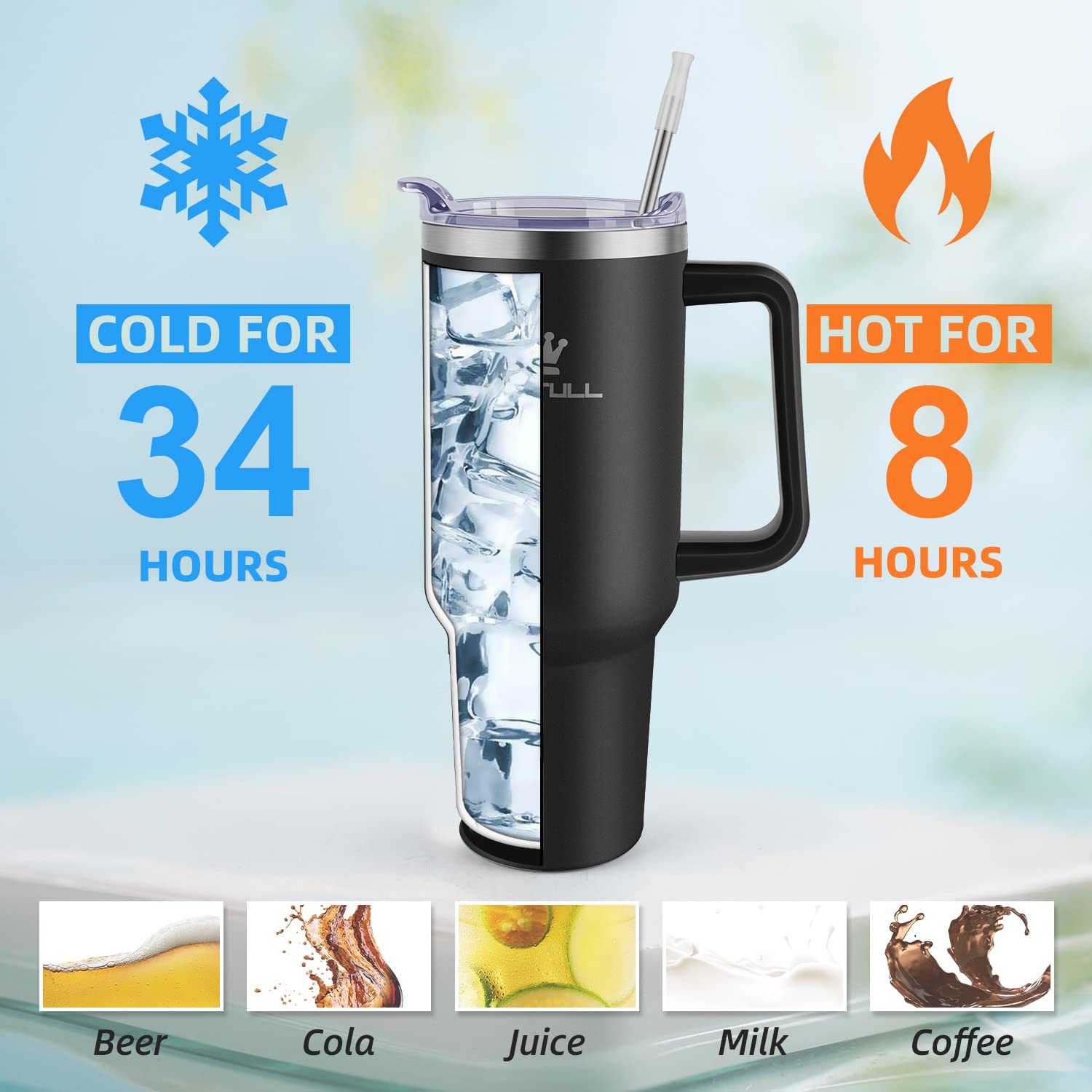 Soufull 40oz tumbler with handle and silicone sleeve for easy grip.