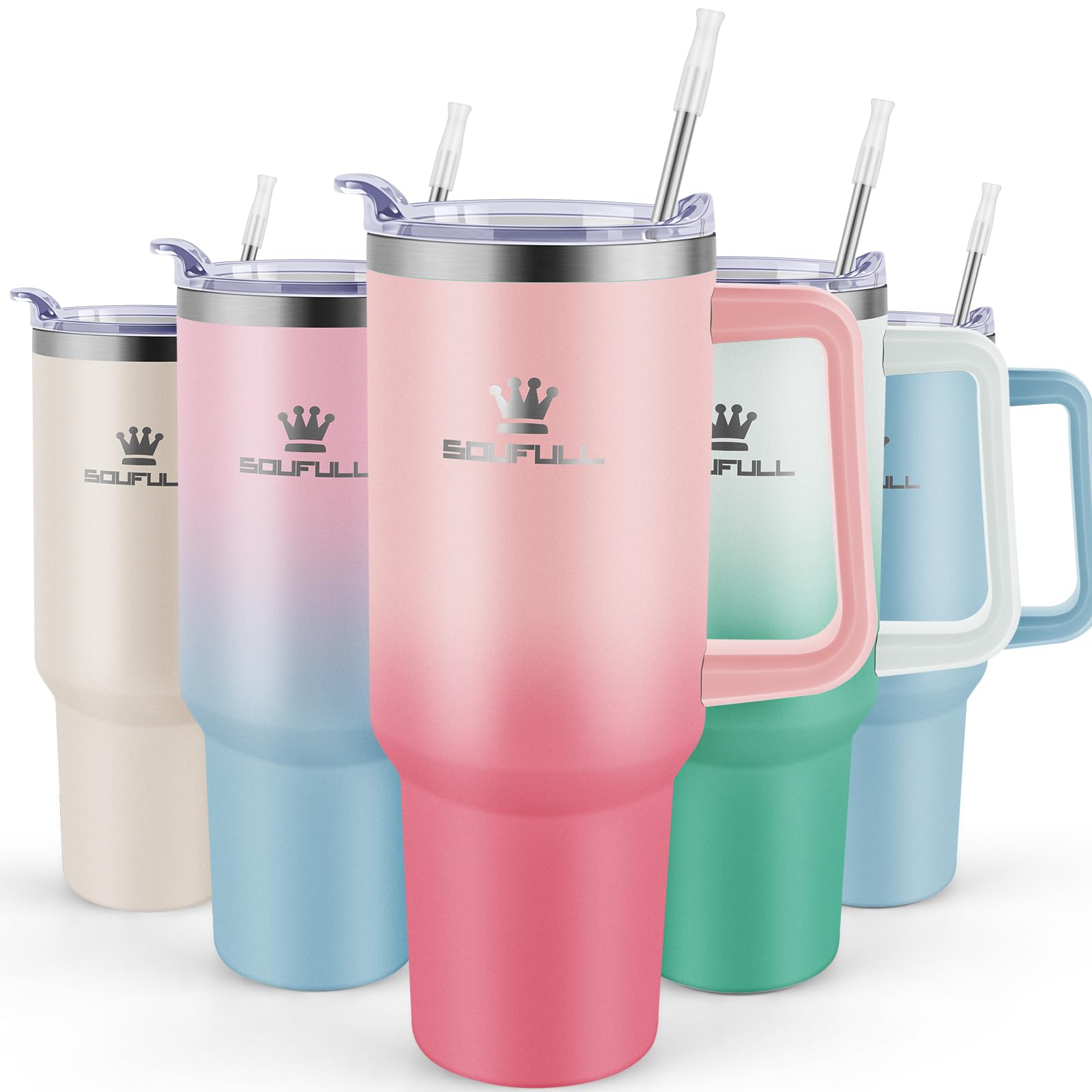Soufull 40 oz tumbler with handle and straw lid in pinkred for easy on-the-go hydration