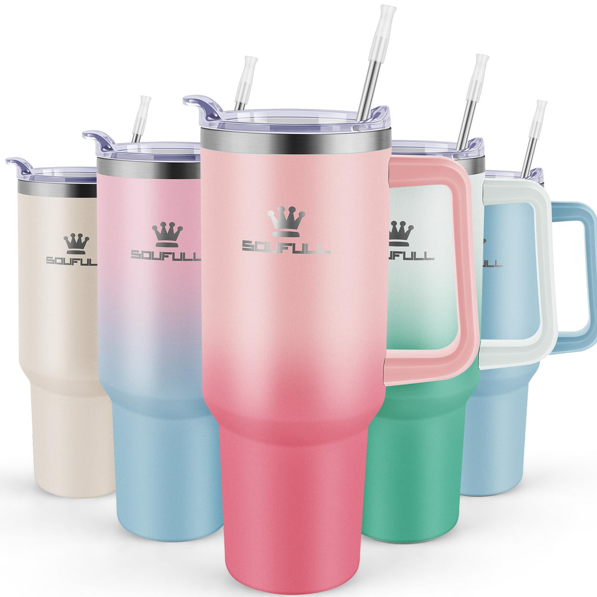 Soufull 40 oz tumbler with handle and straw lid in pinkred for easy on-the-go hydration
