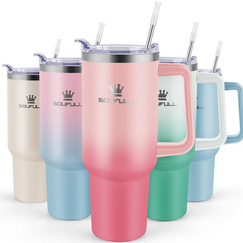 Soufull 40 oz tumbler with handle and straw lid in pinkred for easy on-the-go hydration