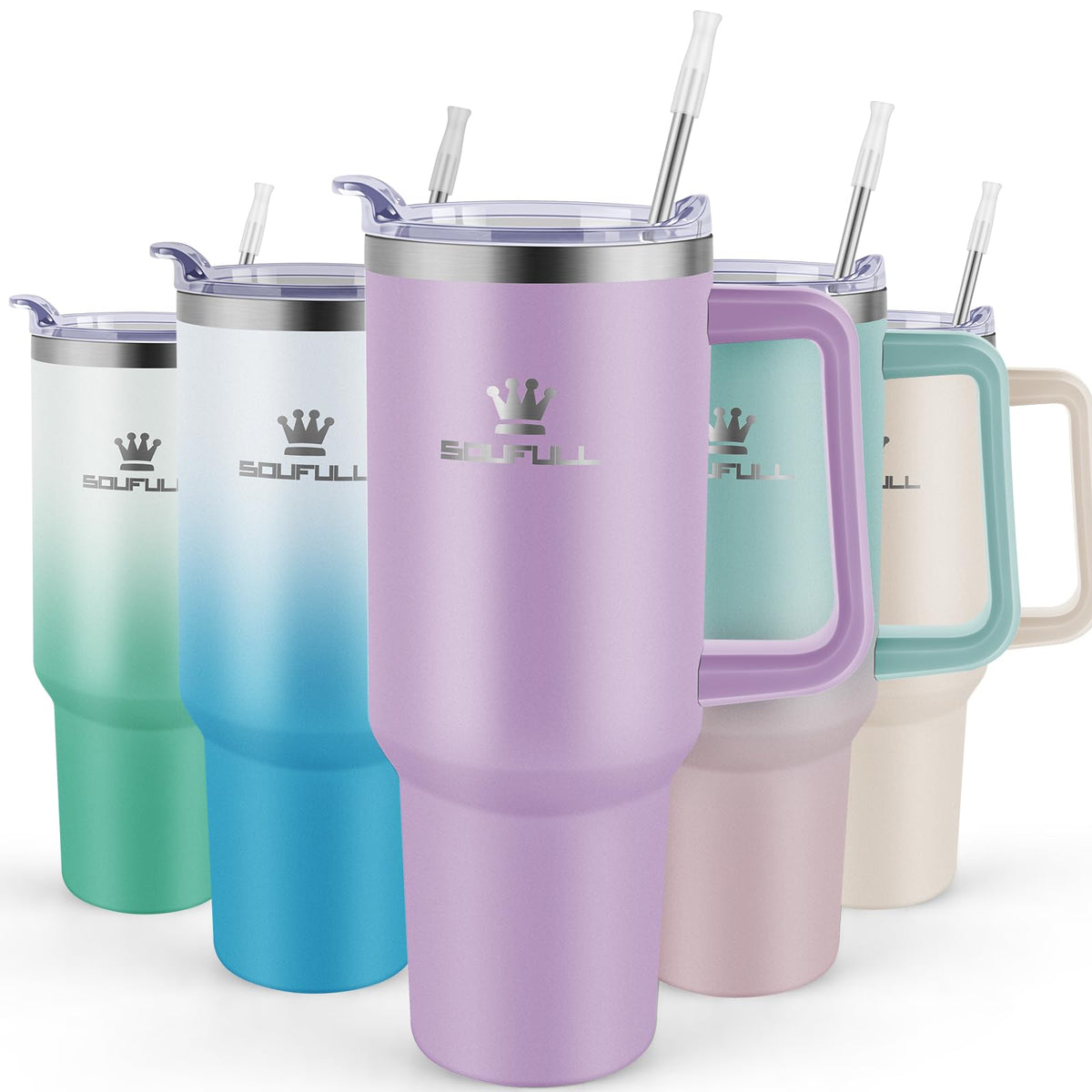 Soufull 40 oz tumbler with handle and straw lid, light purple, front view.