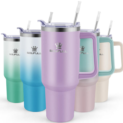 Soufull 40 oz tumbler with handle and straw lid, light purple, front view.