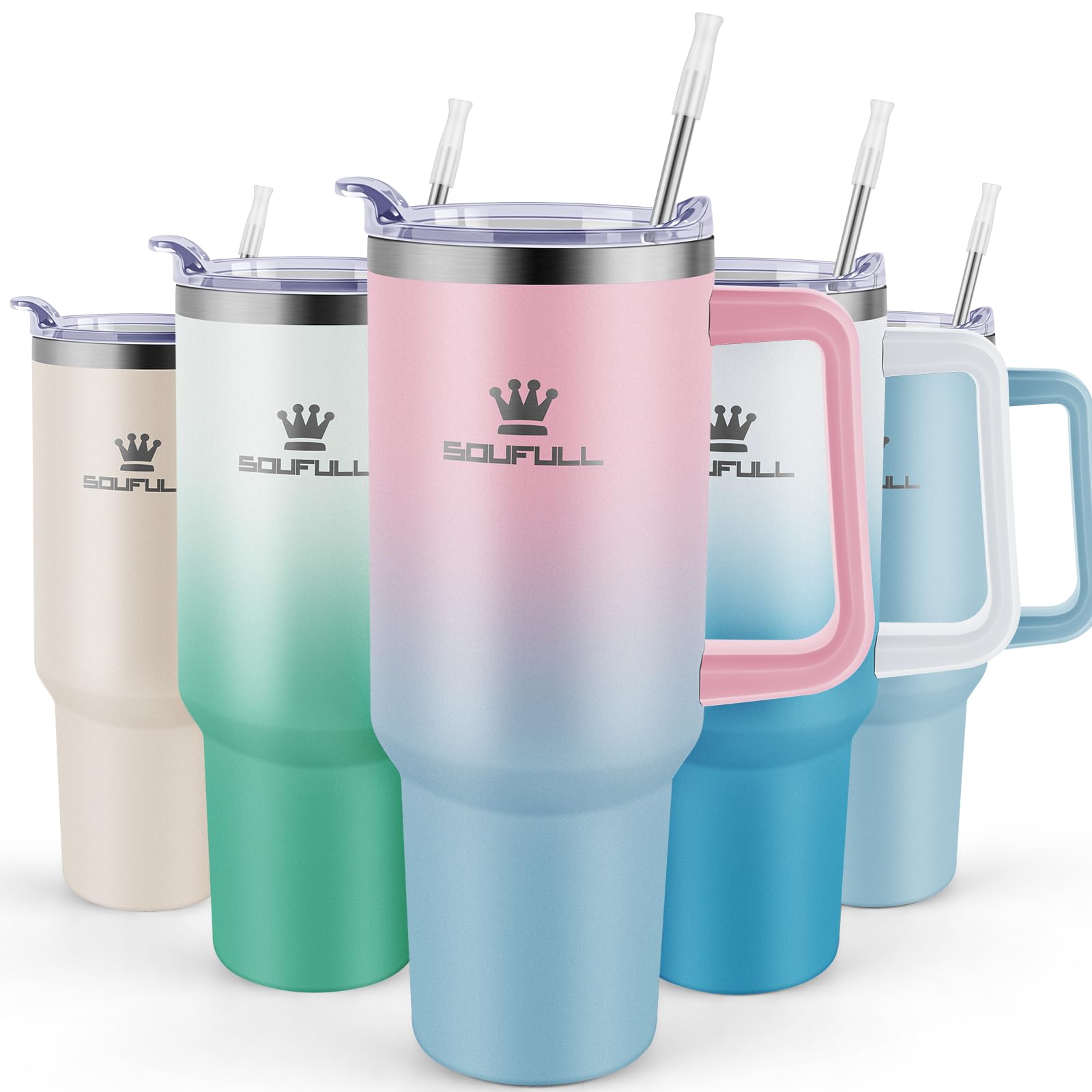 Soufull 40 oz tumbler pink-blue front view with leak-proof lid for travel.