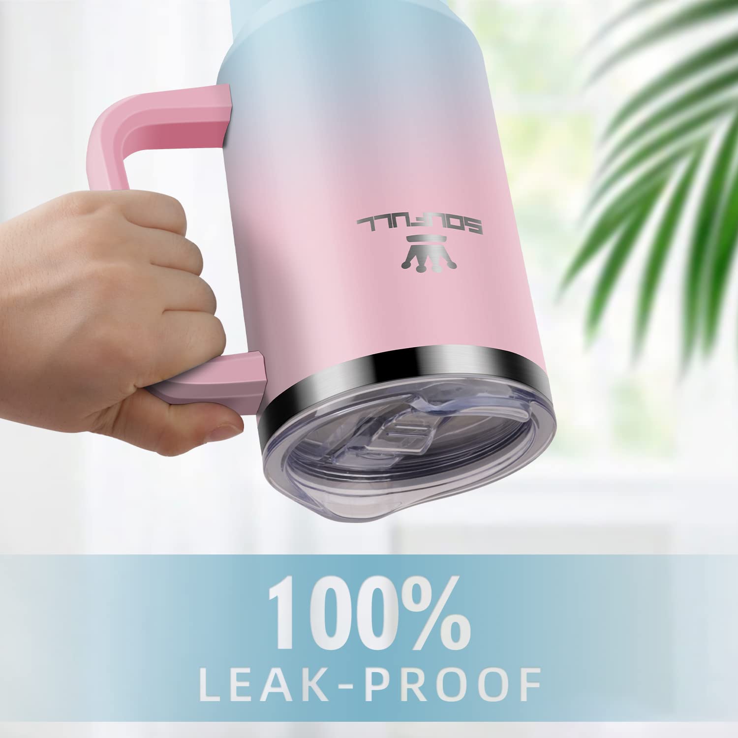 Soufull 40 oz tumbler pink-blue side view showing sturdy handle.