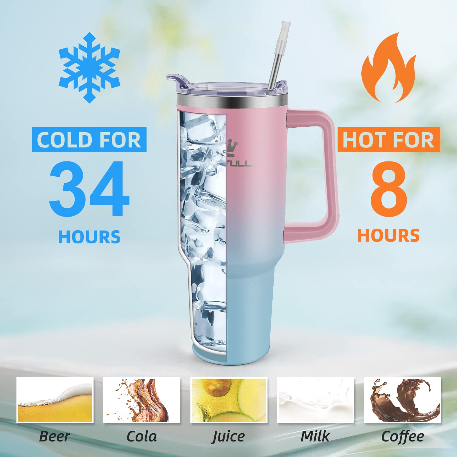 Soufull pink-blue tumbler in car cup holder illustrating travel-friendly size.