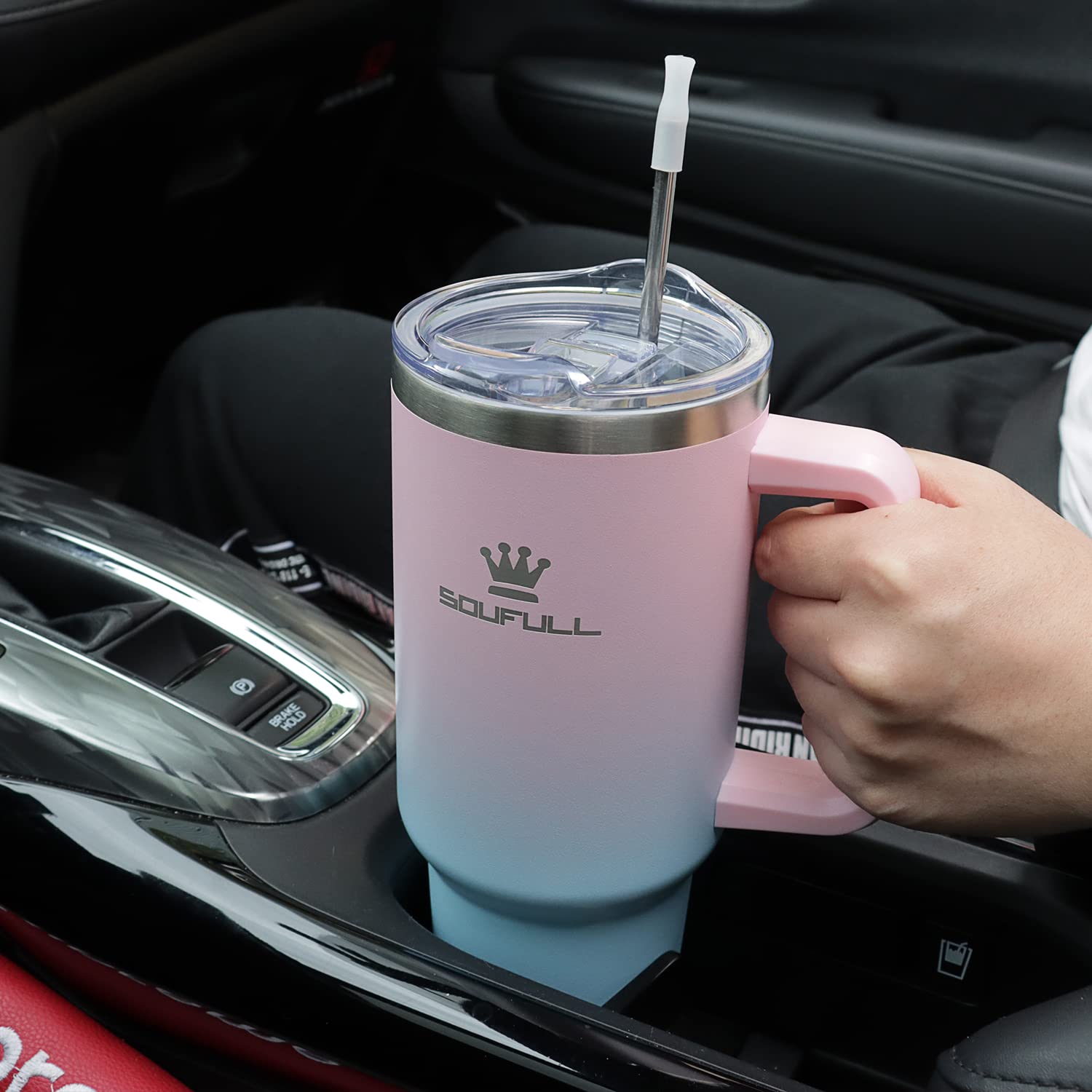 Soufull pink-blue tumbler rear view highlighting large capacity and versatility.