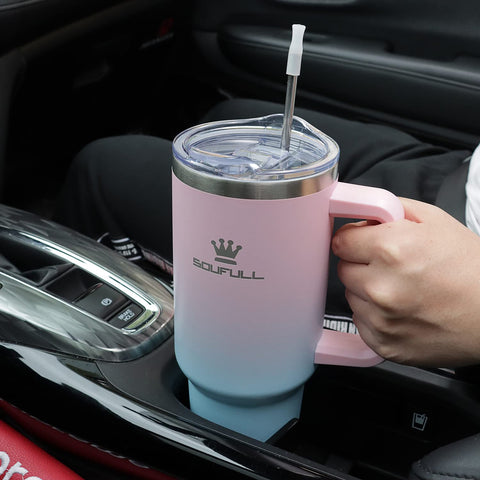 Soufull pink-blue tumbler rear view highlighting large capacity and versatility.