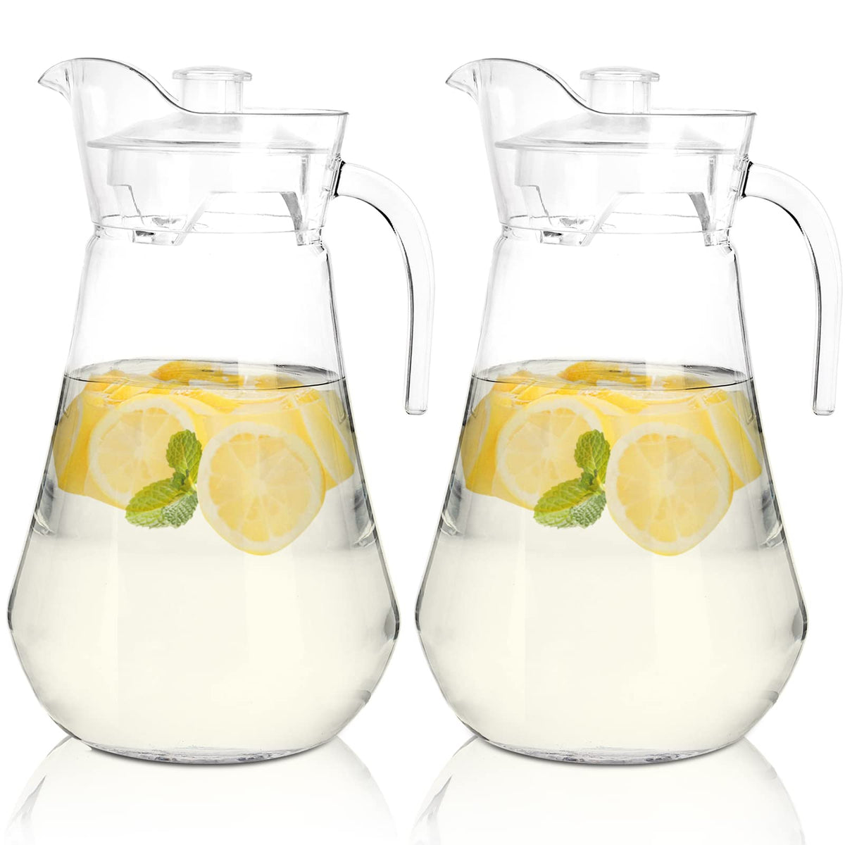 SOUJOY 2-pack plastic pitcher front view with clear body and sturdy handle for everyday use